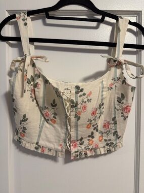 For Love & Lemons Cream Floral Lace-Up Tie-Shoulder Crop Top